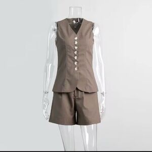 Stylish Brown Linen and Cotton Button-Up Vest and Shorts Set